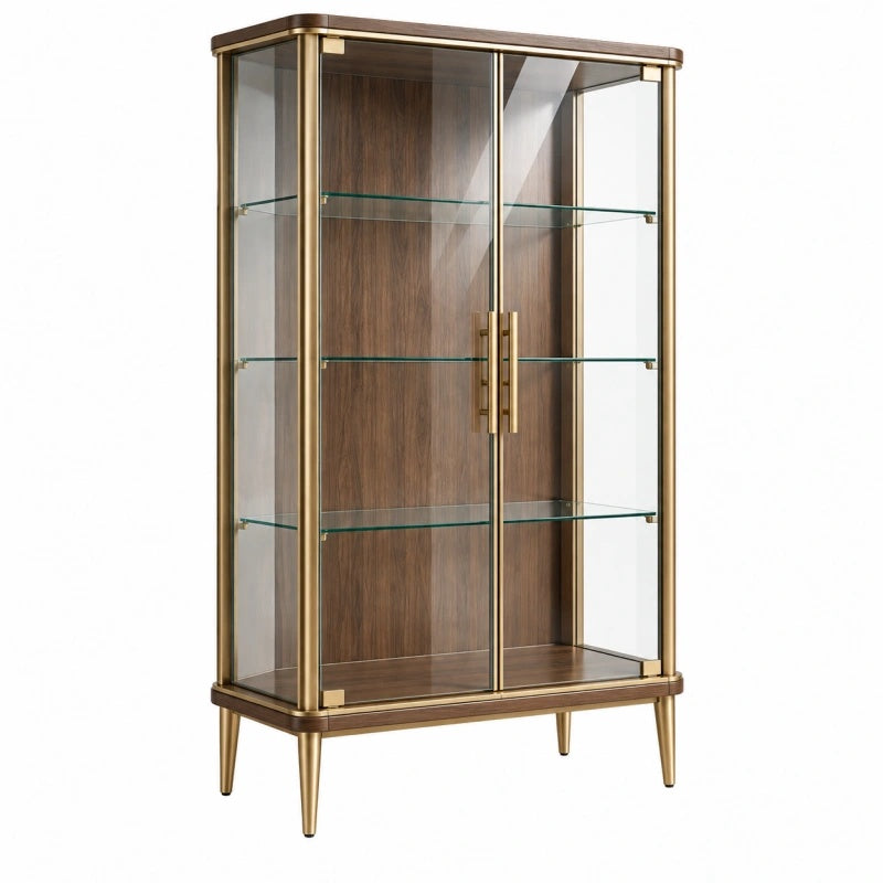 Vitrine 90 x 40 x 180 cm Holz Glas Braun Gold mit Glastüren Modern - Helqimo