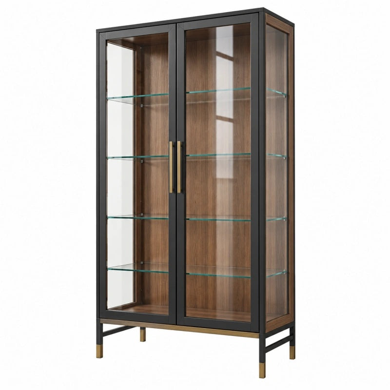 Vitrine 90 x 40 x 180 cm Holz Glas Braun Schwarz - zweitürig mit Glasböden - Helqimo