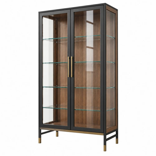 Vitrine 90 x 40 x 180 cm Holz Glas Braun Schwarz - zweitürig mit Glasböden - Helqimo