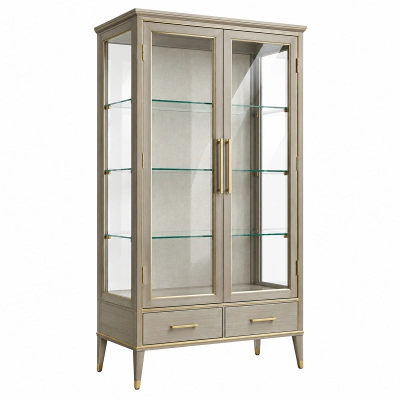 Vitrine 90 x 40 x 180 cm aus Holz und Glas in Grau Gold - mit 2 Türen und Schubladen - Helqimo