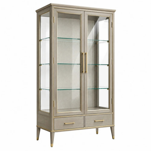 Vitrine 90 x 40 x 180 cm aus Holz und Glas in Grau Gold - mit 2 Türen und Schubladen - Helqimo