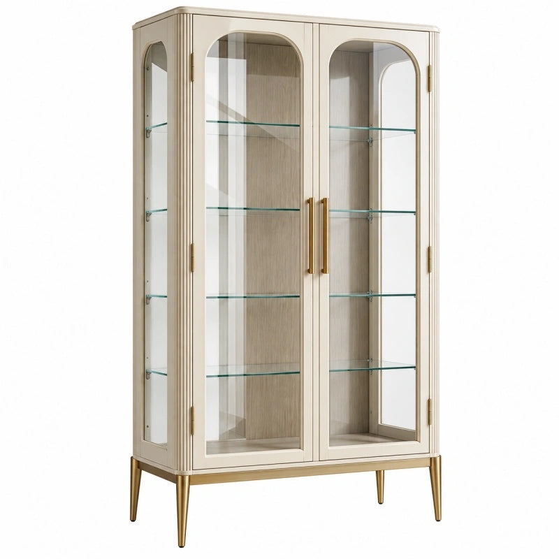 Vitrine 90 x 40 x 180 cm aus Holzwerkstoff in Creme mit Glastüren im Art Déco Stil - Helqimo