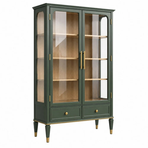 Vitrine 90 x 40 x 180 cm Holz Glas Grün mit Schubladen - Helqimo