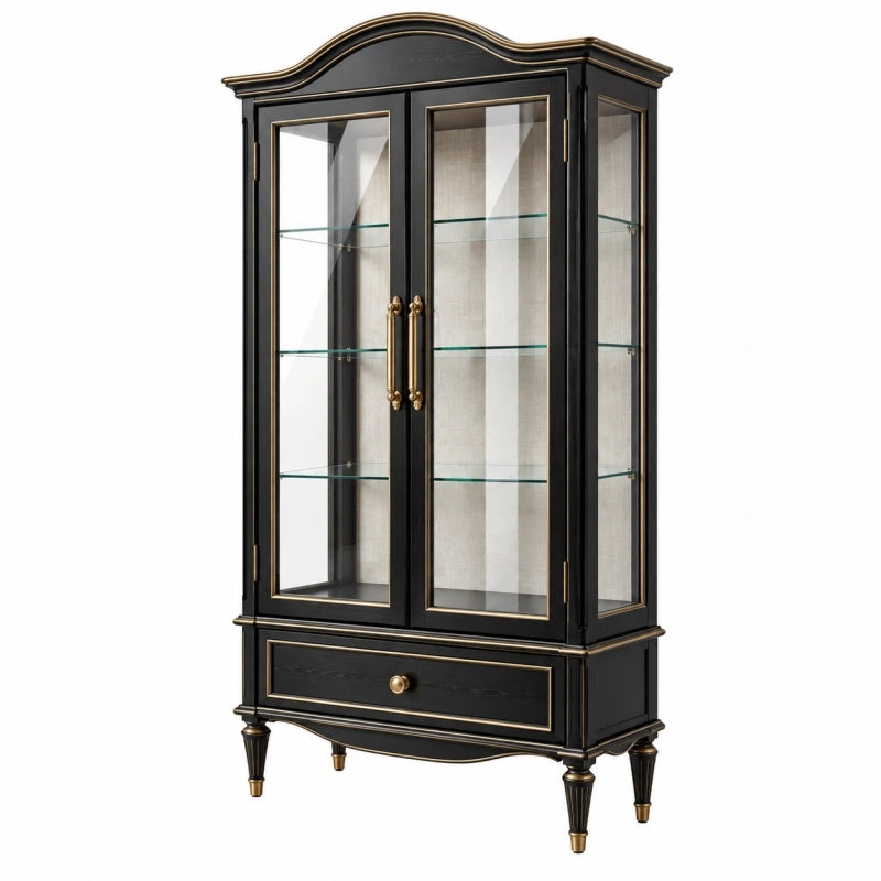 Vitrine 95 x 45 x 190 cm Schwarz Holz und Glas mit Schublade klassischer Stil - Helqimo