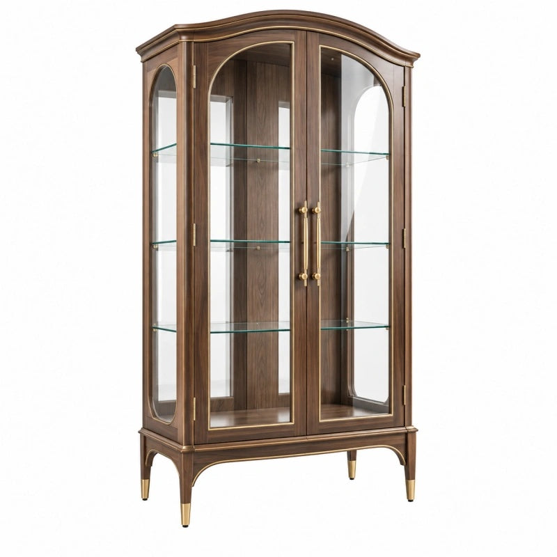 Vitrine 90 x 45 x 190 cm aus Holzwerkstoff und Glas in Walnussbraun - Klassischer Präsentationsschrank mit 2 Glastüren - Helqimo