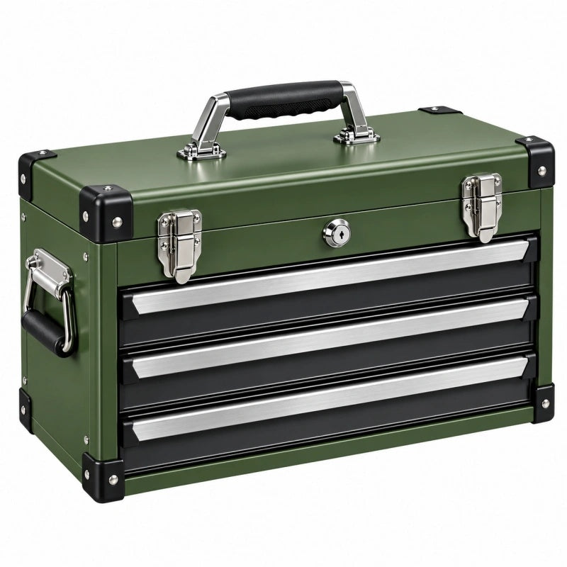 Werkzeugkasten 52 x 26 x 30 cm aus Metall Olivgrün abschließbar mit 3 Schubladen - Helqimo