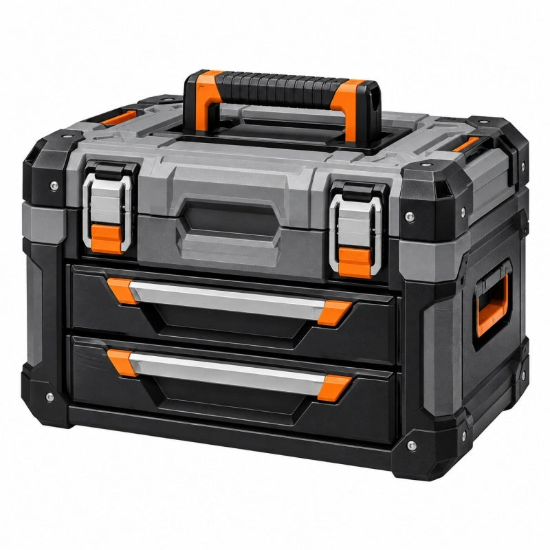 Werkzeugkoffer 50 cm Kunststoff Schwarz Grau Orange mit 2 Schubladen und Tragegriff - Helqimo