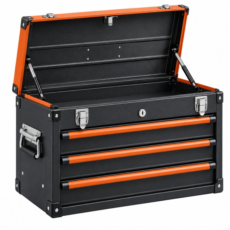 Werkzeugkasten 60 x 30 x 40 cm aus Stahl Schwarz Orange mit 3 Schubladen - Helqimo