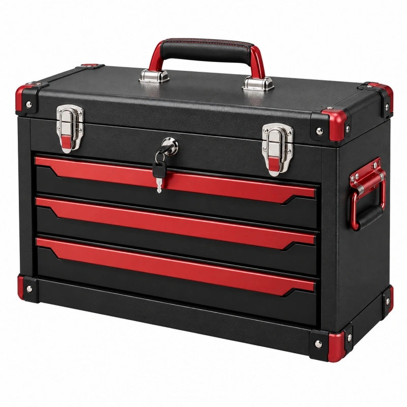 Werkzeugkoffer 50 x 25 x 35 cm aus Metall Schwarz Rot mit 3 Schubladen und Tragegriff - Helqimo