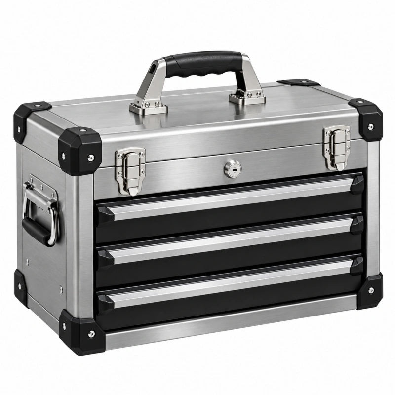 Werkzeugkoffer 46 x 24 x 32 cm aus Aluminium Silber Schwarz mit 3 Schubladen und Tragegriff - Helqimo
