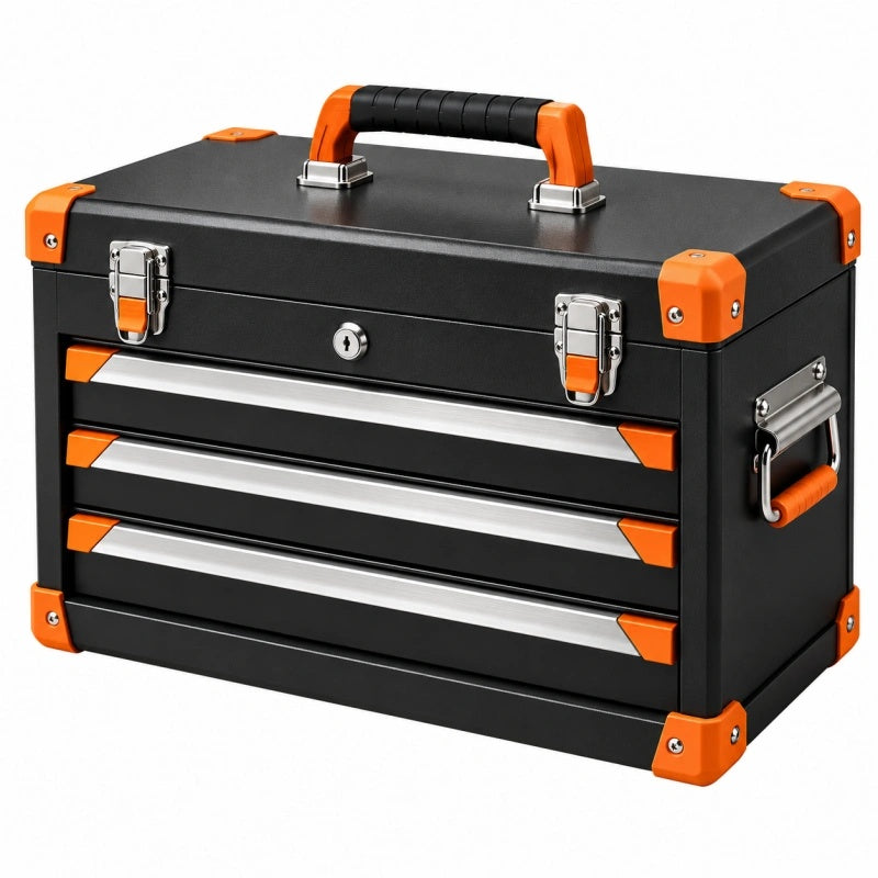 Werkzeugkoffer 50 cm aus Metall Schwarz Orange mit 3 Schubladen und Tragegriff - Helqimo