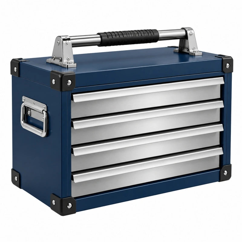 Werkzeugkasten 50 cm Metall Blau mit 4 Schubladen und Tragegriff - Helqimo