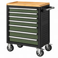 Werkzeugwagen 77 x 46 x 97 cm aus Stahl Grün Schwarz mit 7 Schubladen und Holzarbeitsplatte - Helqimo