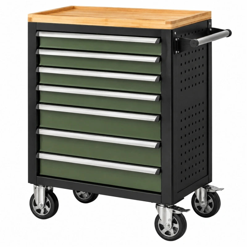 Werkzeugwagen 77 x 46 x 97 cm aus Stahl Grün Schwarz mit 7 Schubladen und Holzarbeitsplatte - Helqimo