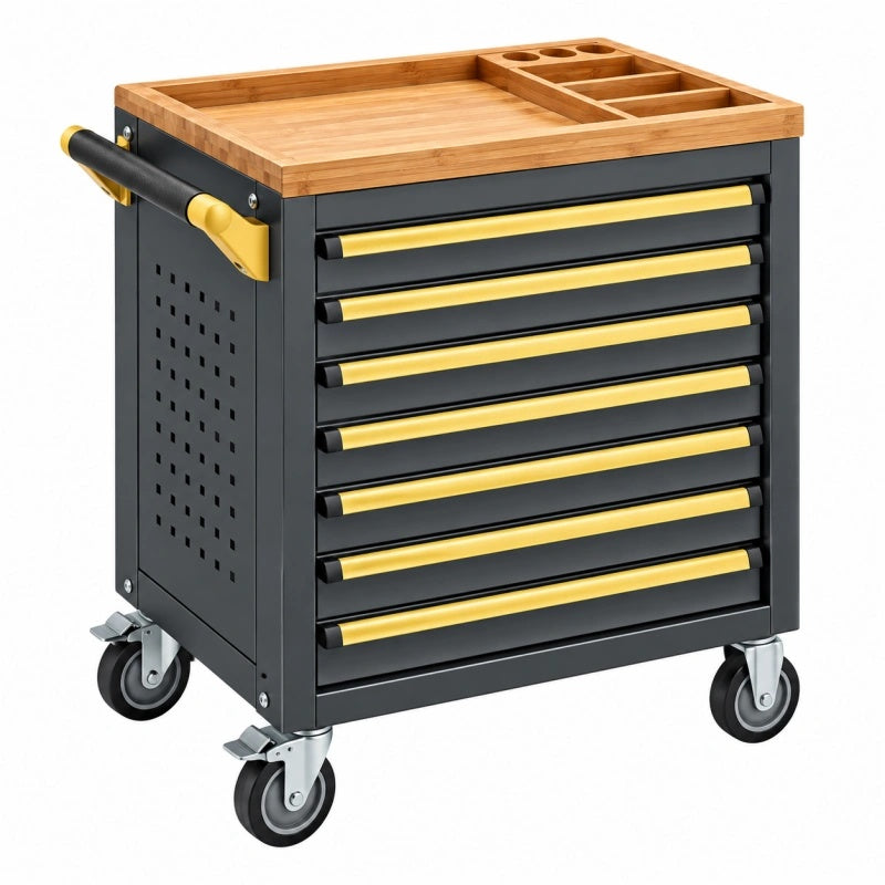 Werkzeugwagen 77 x 46 x 97 cm aus Stahl Schwarz mit Bambusarbeitsplatte und 7 Schubladen - Helqimo