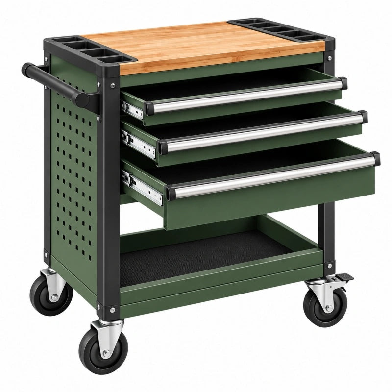 Werkstattwagen 76 x 46 x 91 cm aus Stahl Grün mit Bambusplatte und drei Schubladen - Helqimo