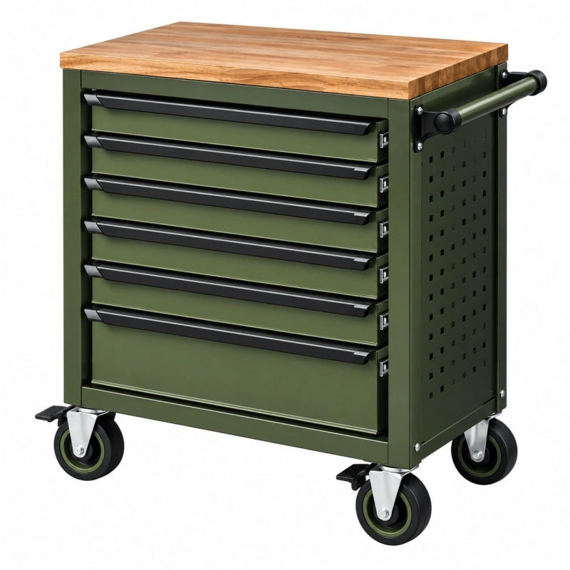 Werkzeugwagen 77 x 46 x 97 cm Stahl Grün mit Holzarbeitsplatte und 7 Schubladen - Helqimo