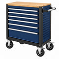 Werkstattwagen 77 x 46 x 96 cm aus Stahl in Blau Schwarz mit Holzplatte und 7 Schubladen - Helqimo