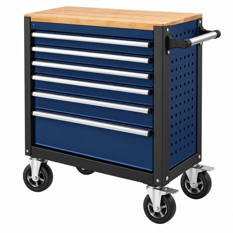 Werkstattwagen 77 x 46 x 96 cm aus Stahl in Blau Schwarz mit Holzplatte und 7 Schubladen - Helqimo