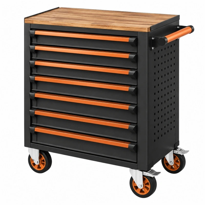 Werkstattwagen 77 x 46 x 97 cm aus Stahl Schwarz Orange mit Holzarbeitsplatte und 8 Schubladen - Helqimo