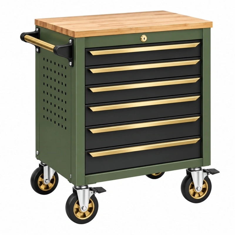Werkzeugwagen 76 x 46 x 95 cm aus Stahl Grün mit Bambus-Arbeitsplatte und 6 Schubladen - Helqimo