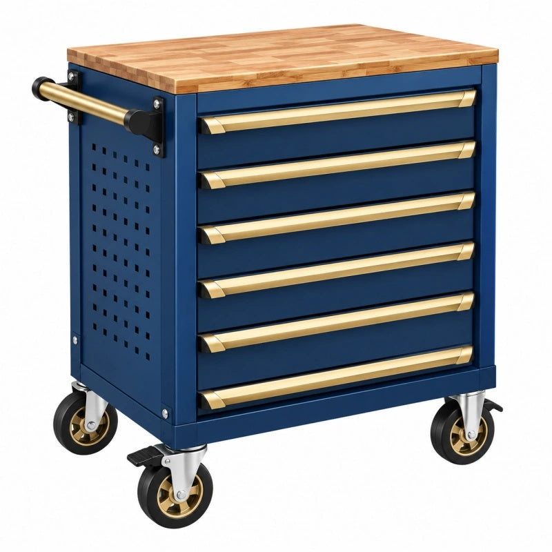 Werkzeugwagen 75 x 46 x 92 cm aus Stahl Blau mit Holzarbeitsplatte und 6 Schubladen - Helqimo