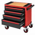 Werkzeugwagen 77 x 46 x 97 cm aus Stahl Rot Schwarz mit Holzarbeitsplatte und fünf Schubladen - Helqimo