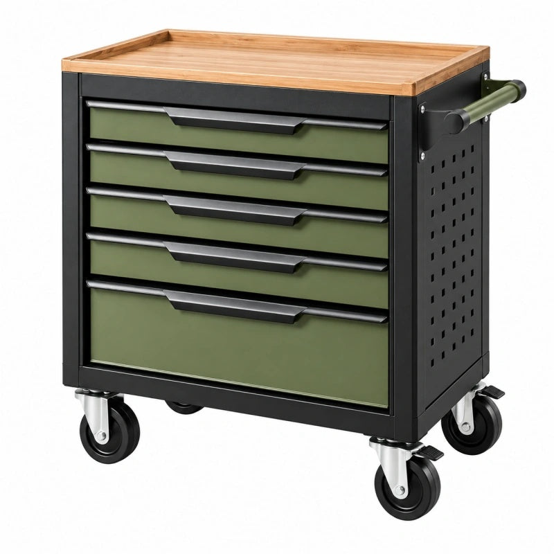 Werkzeugwagen 72 x 46 x 88 cm aus Stahl in Schwarz Olivgrün mit Holzablage und 5 Schubladen - Helqimo