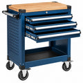 Werkstattwagen 76 x 46 x 95 cm aus Stahl Blau mit Holzarbeitsplatte und 3 Schubladen - Helqimo