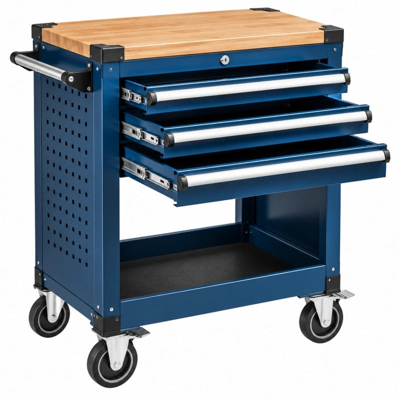 Werkstattwagen 76 x 46 x 95 cm aus Stahl Blau mit Holzarbeitsplatte und 3 Schubladen - Helqimo