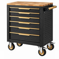 Werkzeugwagen 77 x 46 x 97 cm Stahl schwarz mit Holzarbeitsplatte 6 Schubladen rollbar - Helqimo