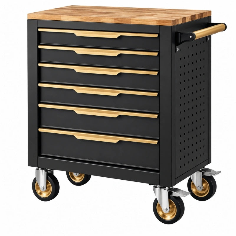 Werkzeugwagen 77 x 46 x 97 cm Stahl schwarz mit Holzarbeitsplatte 6 Schubladen rollbar - Helqimo