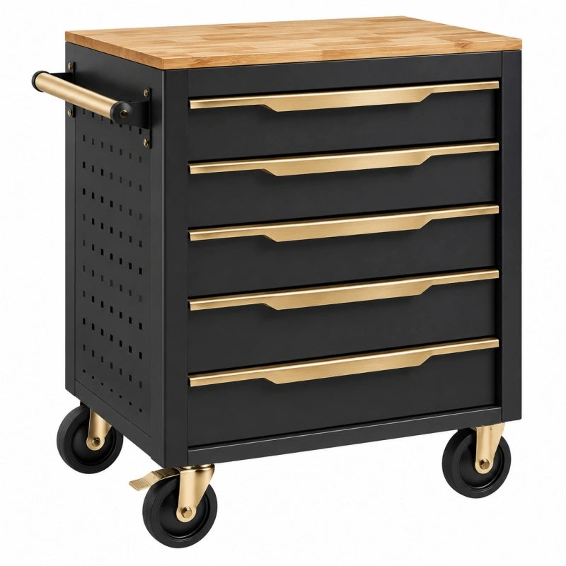 Werkzeugwagen 77 x 46 x 97 cm aus Stahl und Holz Schwarz mit 5 Schubladen und Rollen - Helqimo