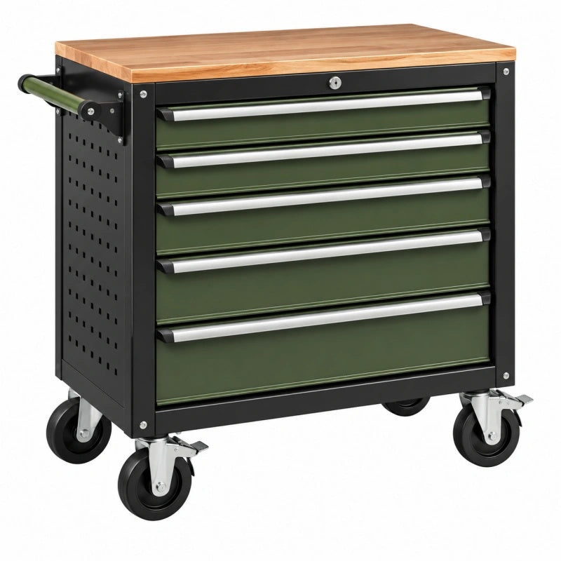 Werkzeugwagen 76 x 46 x 93 cm Stahl Holz Grün Schwarz mit 5 Schubladen - Helqimo