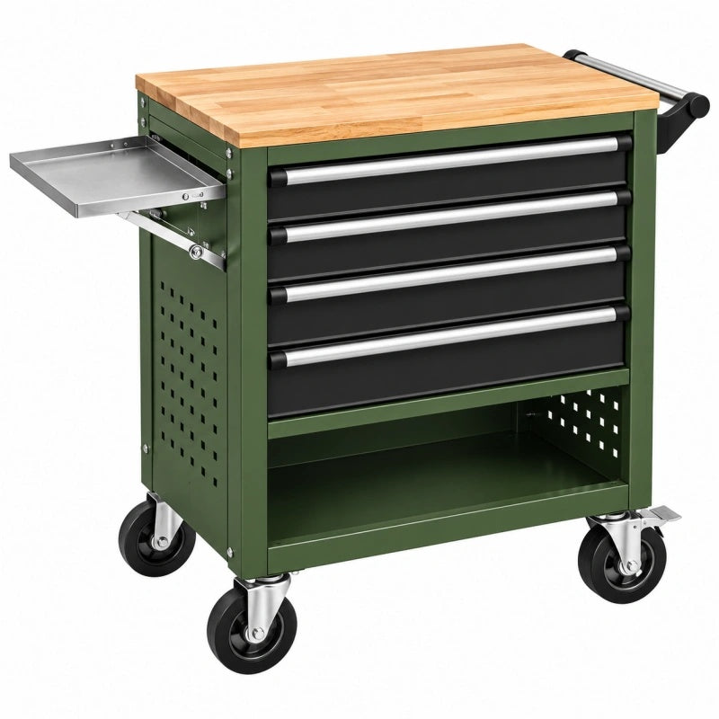 Werkzeugwagen 100 x 50 x 95 cm aus Stahl und Holz Grün Schwarz mit 4 Schubladen - Helqimo